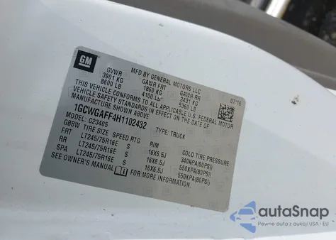 2017 Chevrolet Express 2500 Work Van from USA, damaged, VIN 1GCWGAFF4H1102432